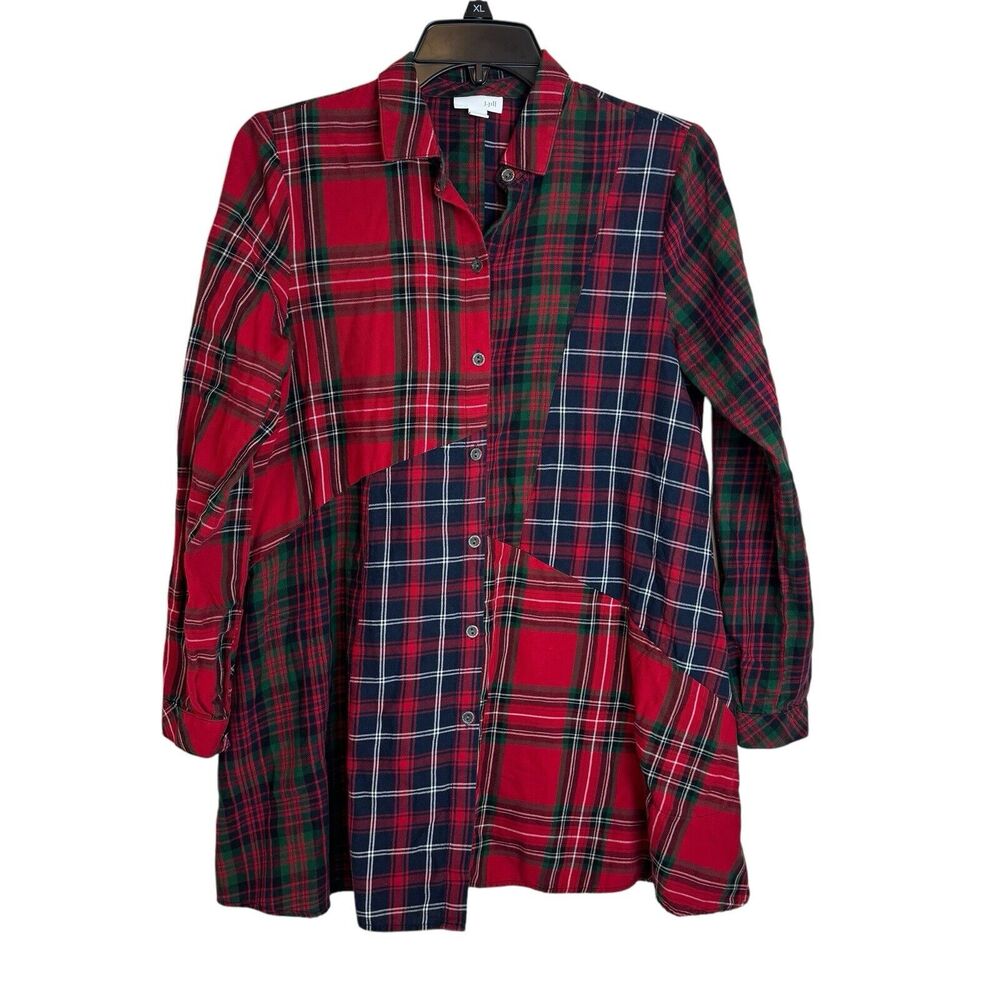 J Jill Tunic Red Multi Mixed Plaid Button Up Shirt Pockets Long Sleeve Flanel XS